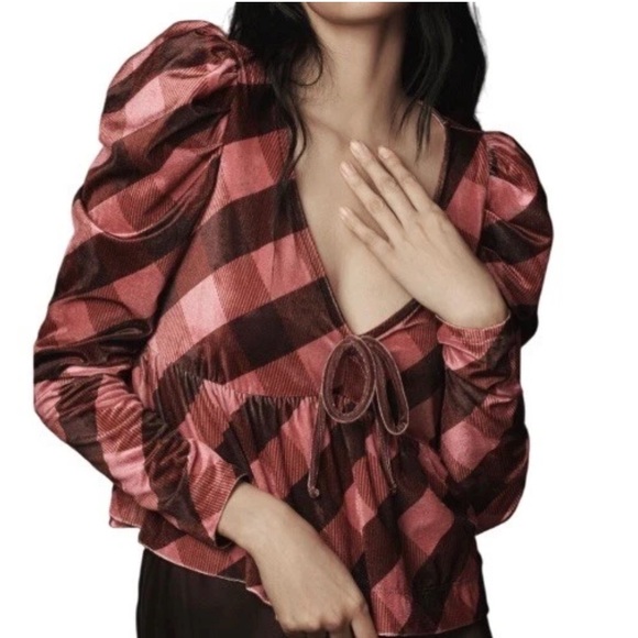 Anthropologie Tops - Maeve Anthropologie Womens Velvet Babydoll Top Puff Shoulders Pink Size Large